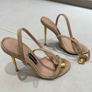 Tom Ford Nude Beige Suede Strappy Sandals with Gold Heel